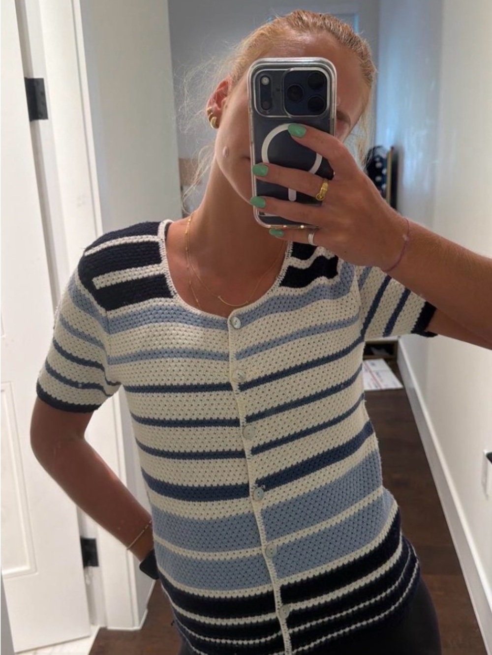 Striped Button-Front Short Sleeve Sweater - Cream & Blue